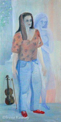 oil painting of two women and a violin